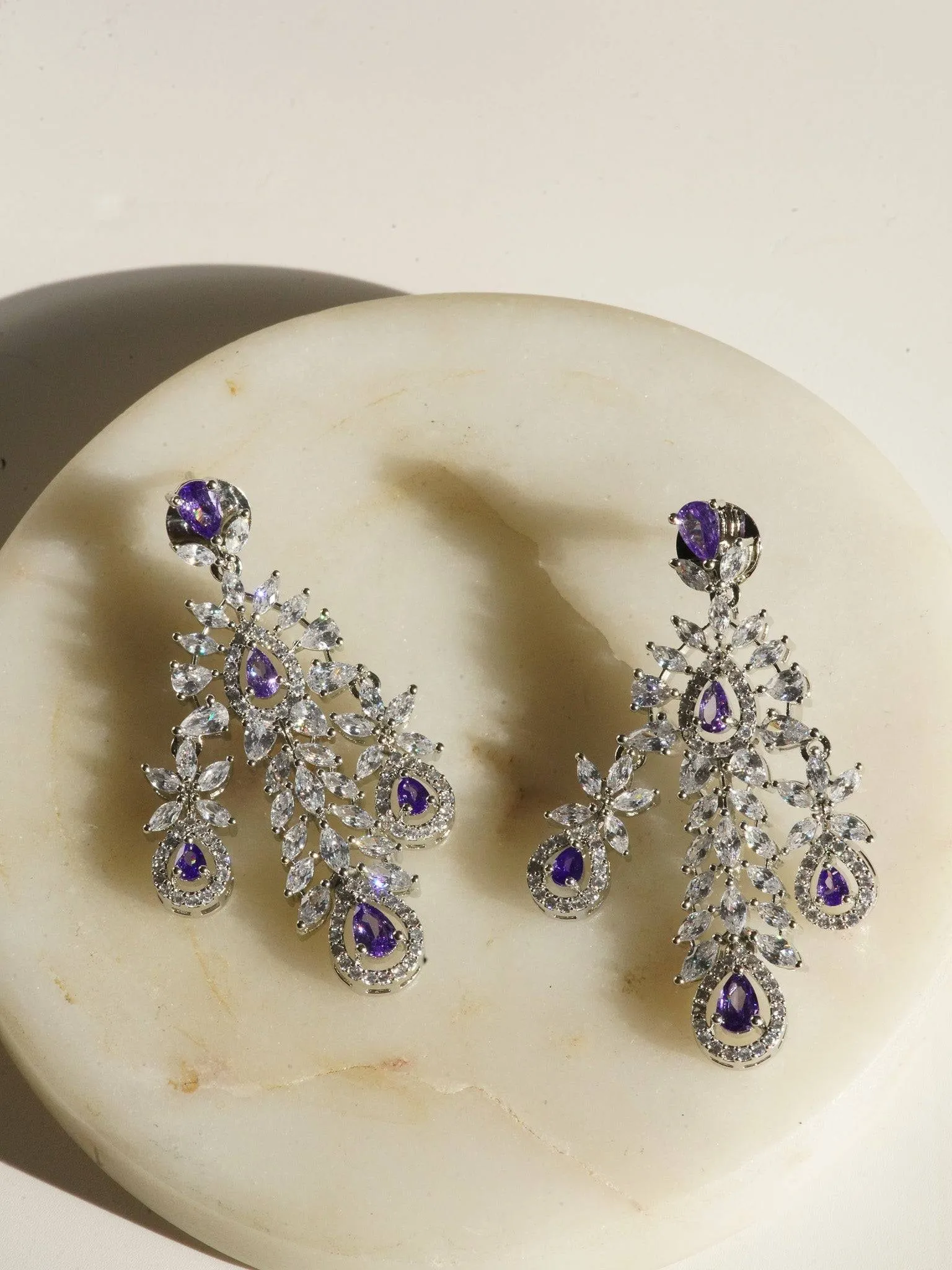 Nazia - Rhodium Plated Floral AD Necklace Set With Dangler Earrings