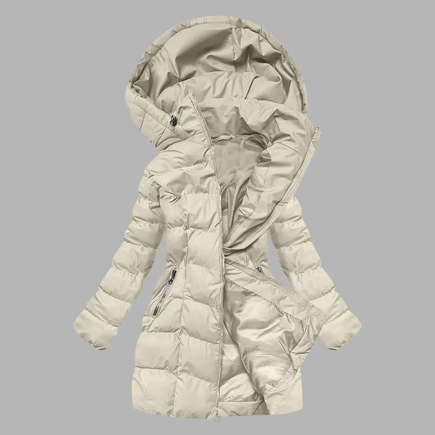 Quilted Jacket for Women Warm Winter Mid Length Down Puffer Jacket Thicken Hooded Zipper Padded Overcoat Outerwear