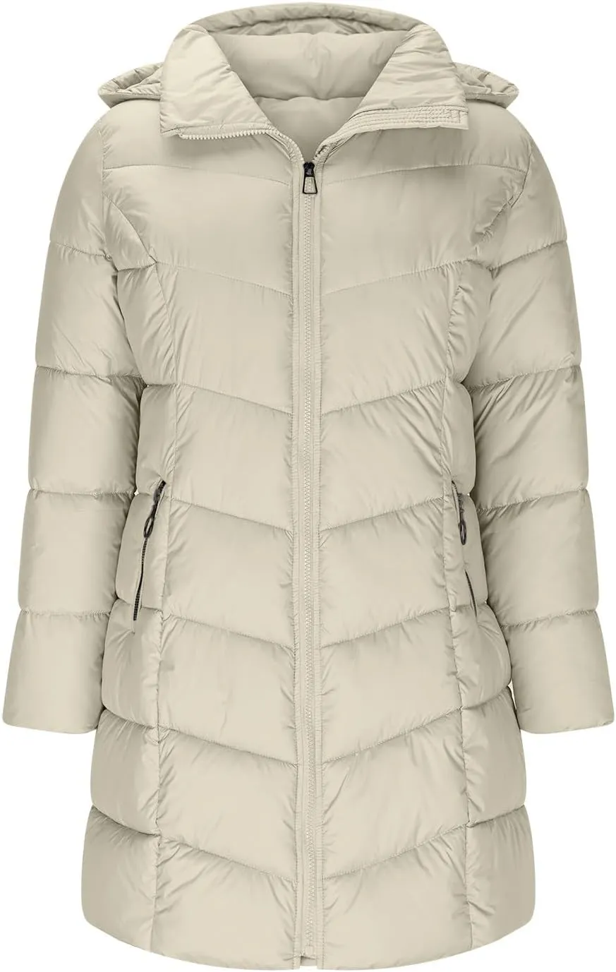 Quilted Jacket for Women Warm Winter Mid Length Down Puffer Jacket Thicken Hooded Zipper Padded Overcoat Outerwear