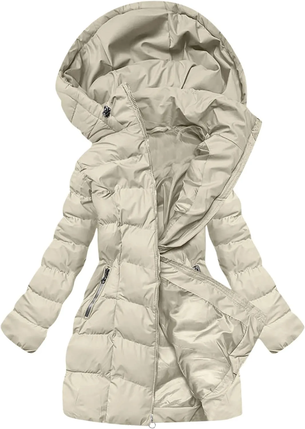 Quilted Jacket for Women Warm Winter Mid Length Down Puffer Jacket Thicken Hooded Zipper Padded Overcoat Outerwear