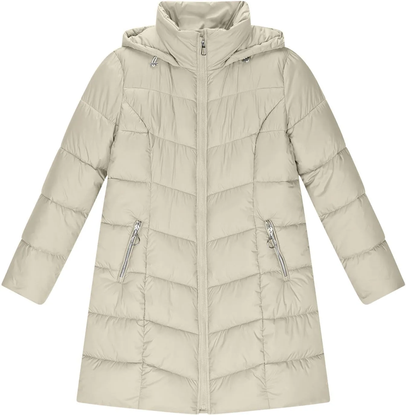 Quilted Jacket for Women Warm Winter Mid Length Down Puffer Jacket Thicken Hooded Zipper Padded Overcoat Outerwear