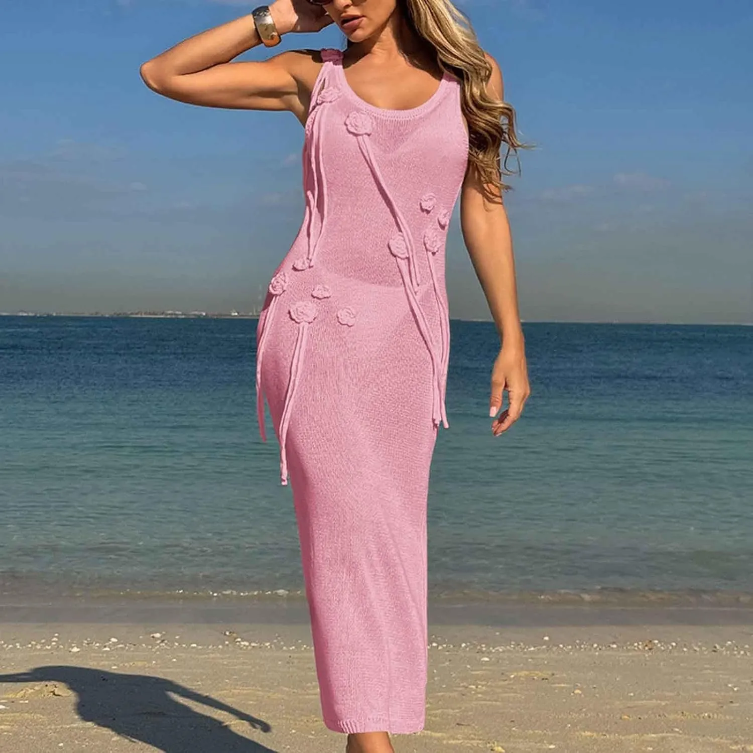 Sleeveless Knit Dress for Women Casual Midi Dress with Floral Appliqu Decorative Ties Elegant Summer Dress