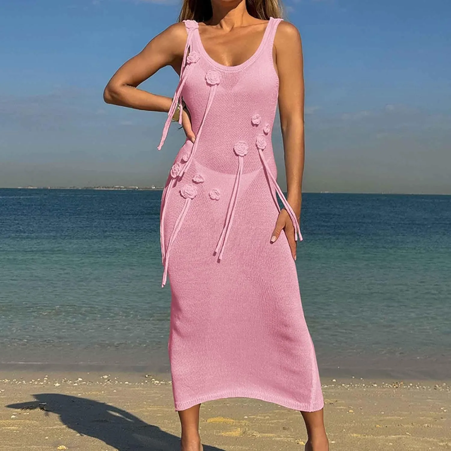 Sleeveless Knit Dress for Women Casual Midi Dress with Floral Appliqu Decorative Ties Elegant Summer Dress