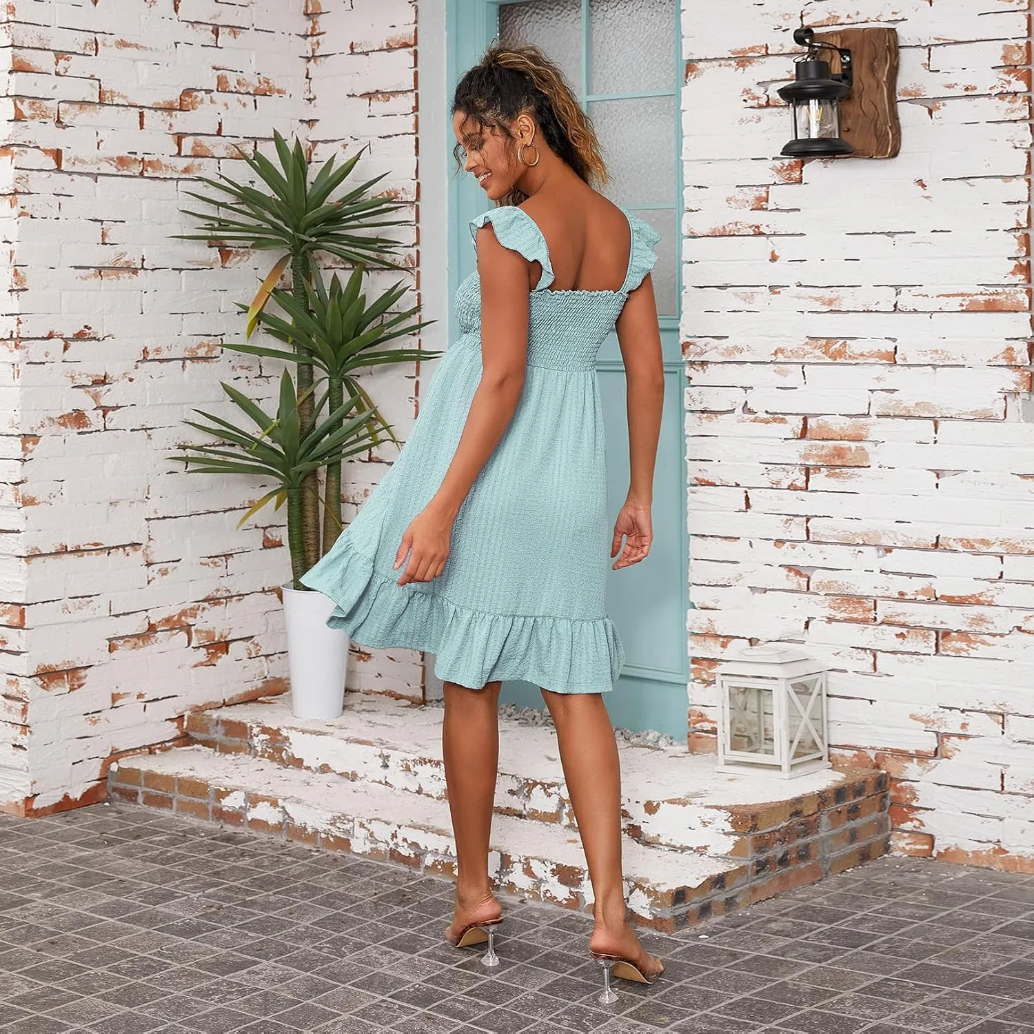 Sleeveless Maternity Dress Ruffled Shoulder Strappy Loose Smocked Pregnant Dress Summer