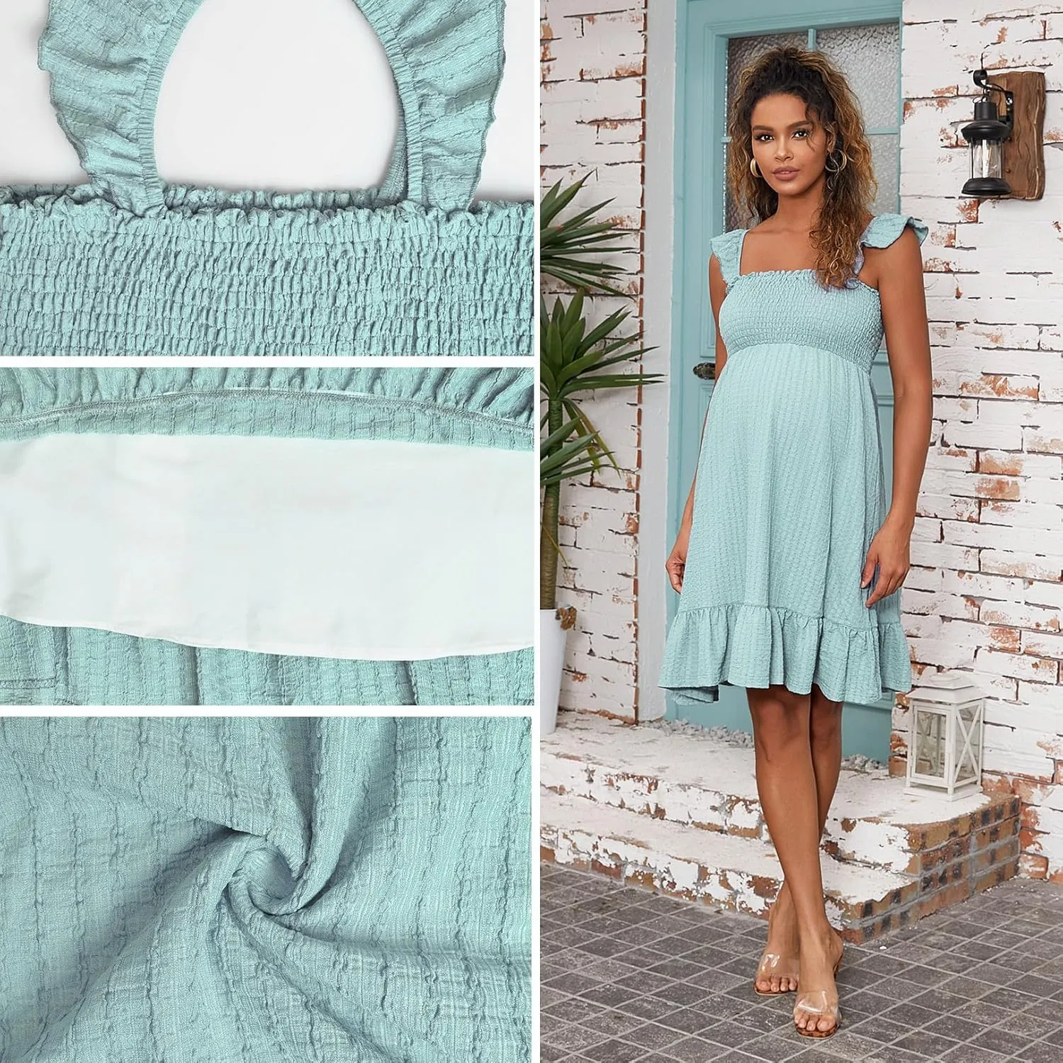 Sleeveless Maternity Dress Ruffled Shoulder Strappy Loose Smocked Pregnant Dress Summer