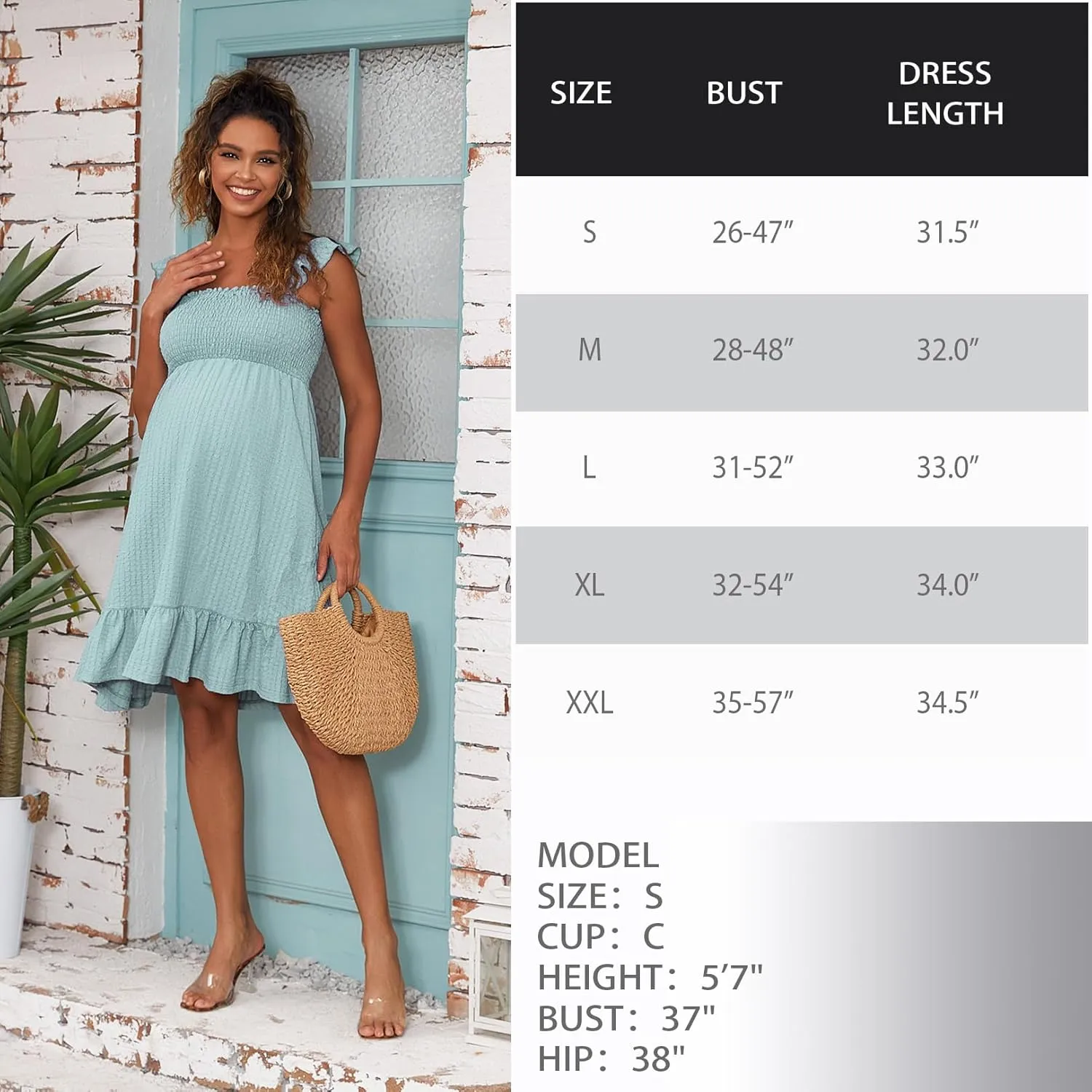 Sleeveless Maternity Dress Ruffled Shoulder Strappy Loose Smocked Pregnant Dress Summer