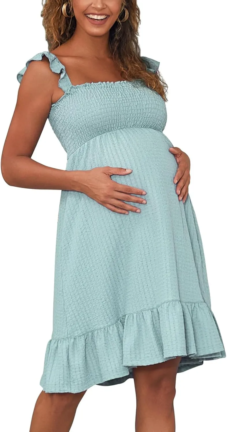 Sleeveless Maternity Dress Ruffled Shoulder Strappy Loose Smocked Pregnant Dress Summer