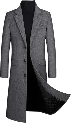 SOMTHRON Men's Winter Trench Coat Lapel Single Breasted Slim Fit Wool Blend Overcoat Jacket Long Pea Coat