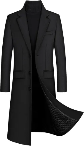 SOMTHRON Men's Winter Trench Coat Lapel Single Breasted Slim Fit Wool Blend Overcoat Jacket Long Pea Coat