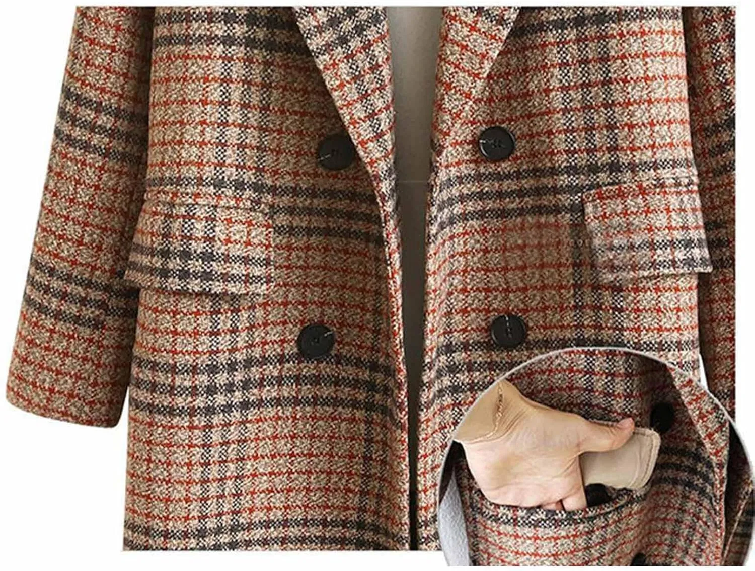 SOMTHRON Women's Plaid Trench Coat Oversize Double Breasted Lapel Jacket Mid-Long Winter Pea Coat Overcoat