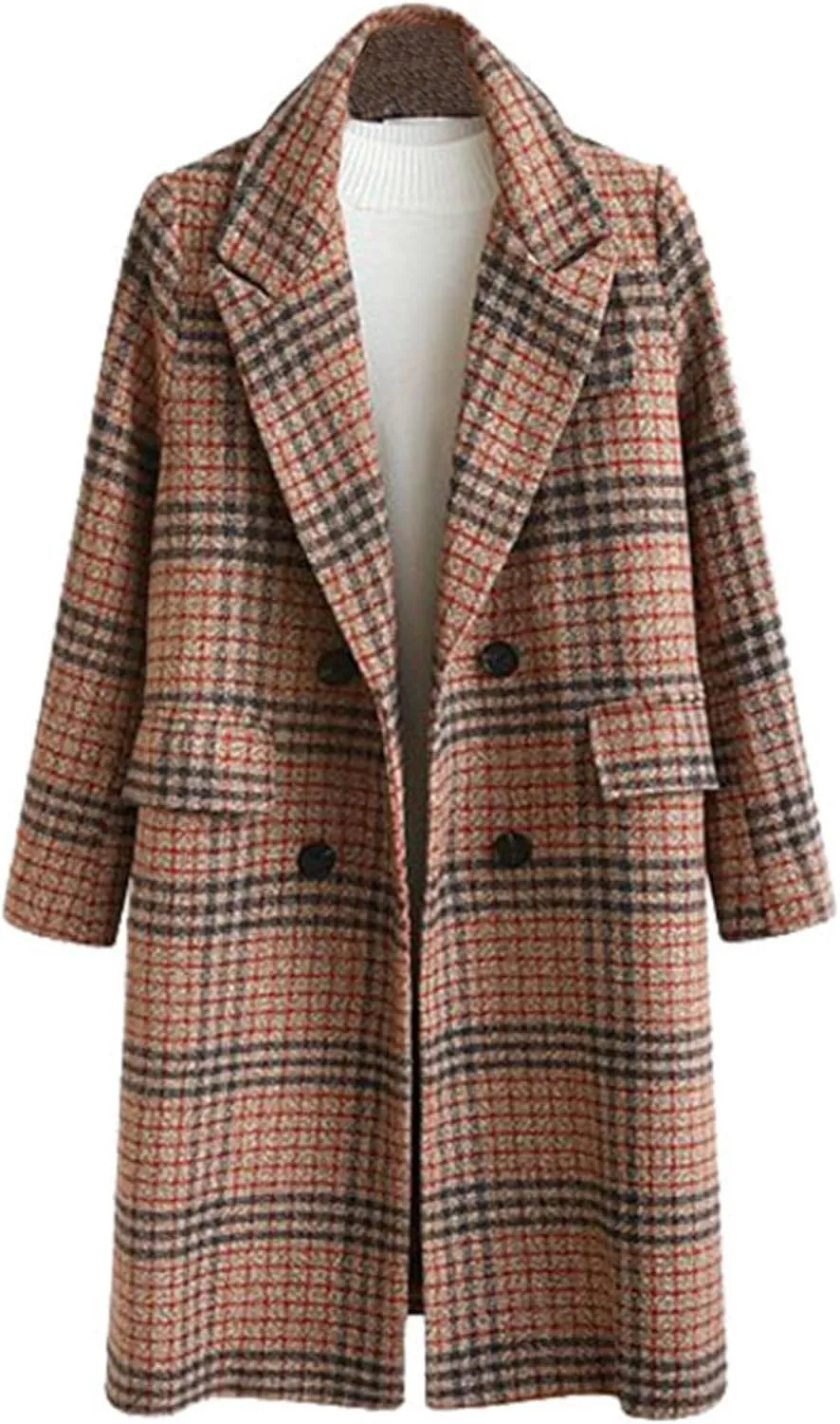 SOMTHRON Women's Plaid Trench Coat Oversize Double Breasted Lapel Jacket Mid-Long Winter Pea Coat Overcoat