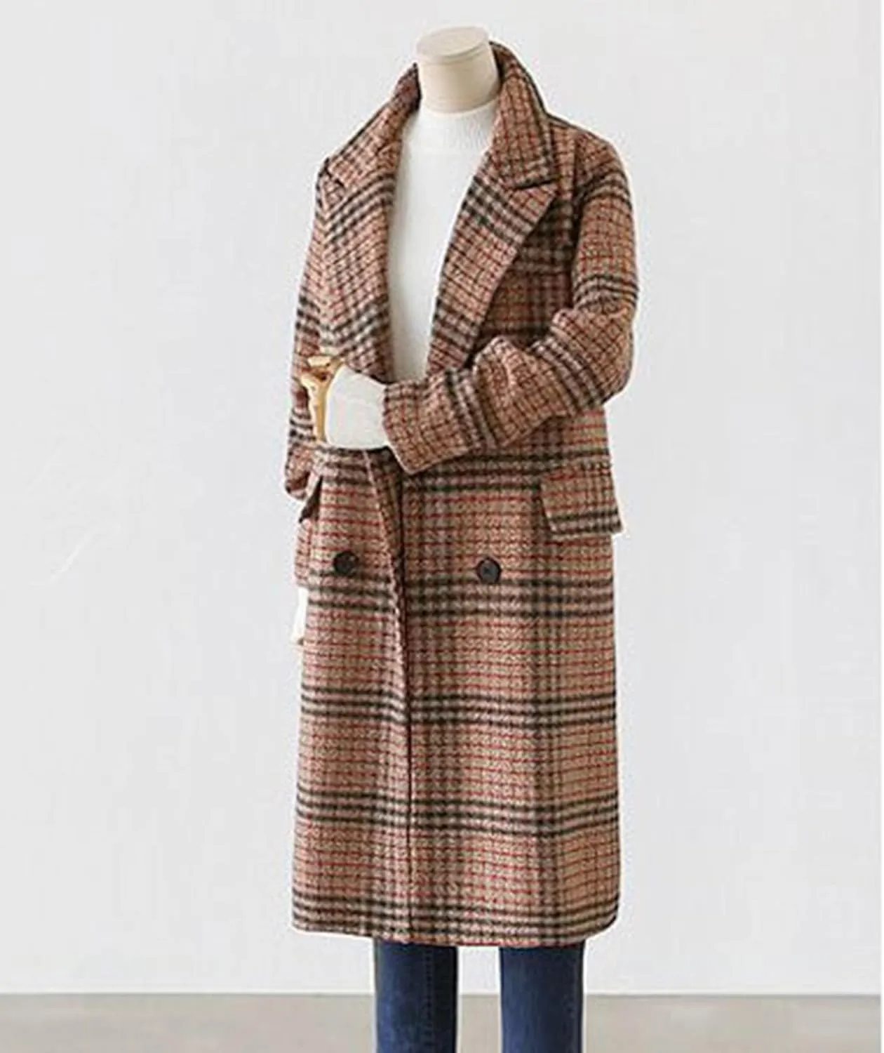 SOMTHRON Women's Plaid Trench Coat Oversize Double Breasted Lapel Jacket Mid-Long Winter Pea Coat Overcoat