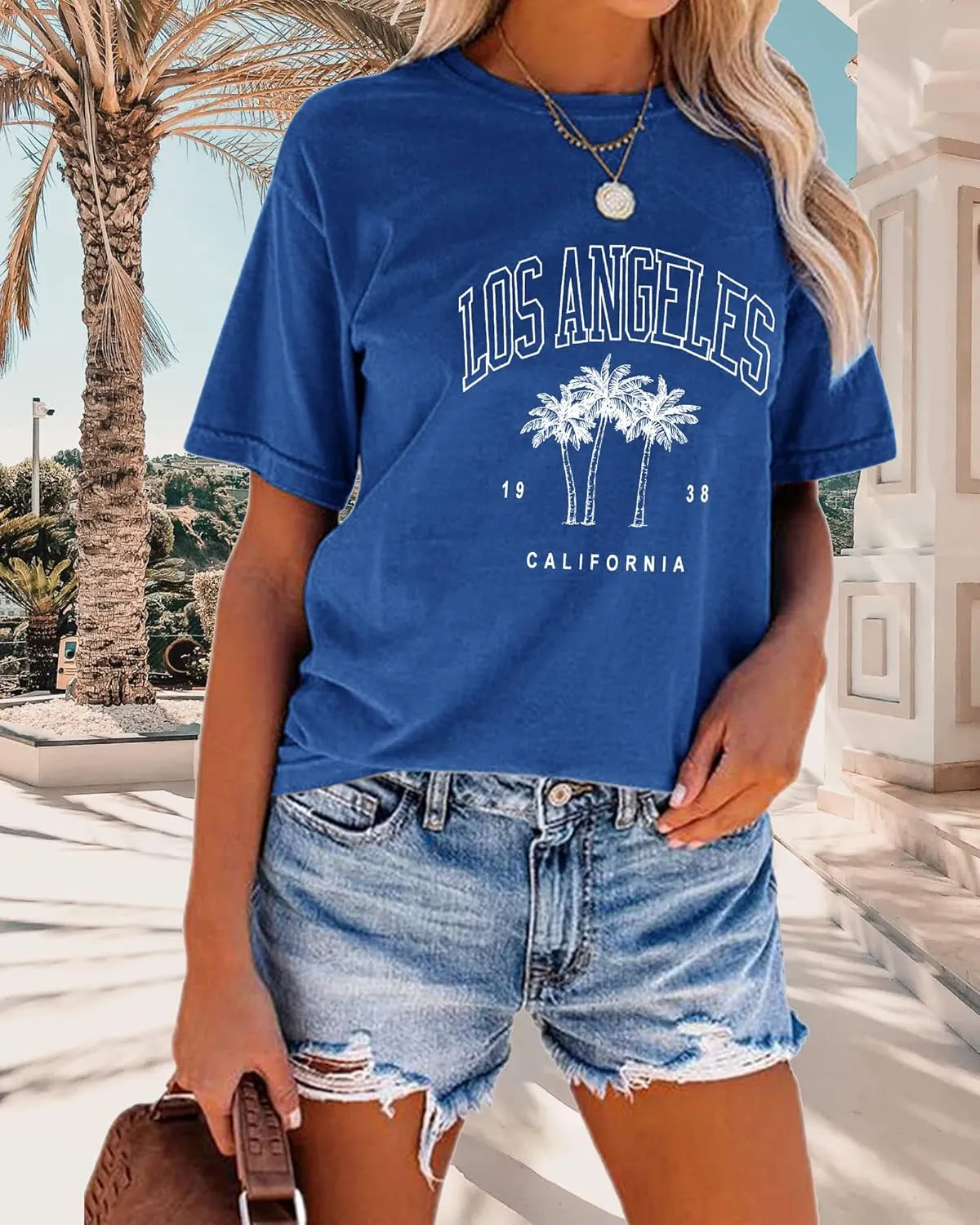 TAKEYAL Women Los Angeles Graphic T Shirts California Letter Print Short Sleeve Tee Loose Casual Tops