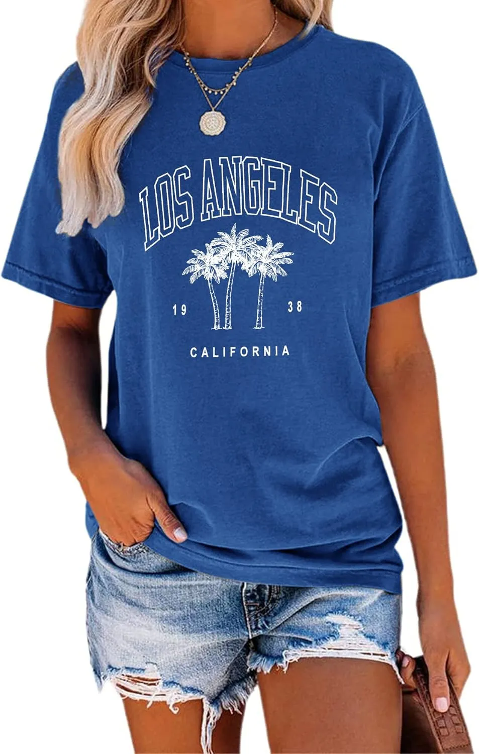 TAKEYAL Women Los Angeles Graphic T Shirts California Letter Print Short Sleeve Tee Loose Casual Tops