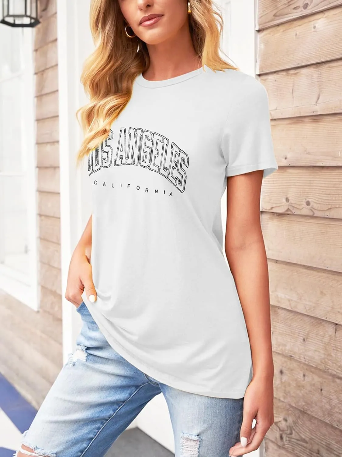 TAKEYAL Women Los Angeles Graphic T Shirts California Letter Print Short Sleeve Tee Loose Casual Tops