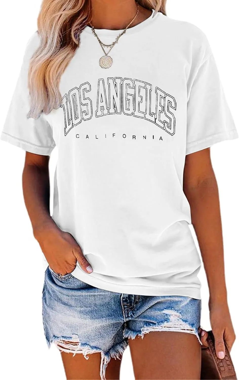 TAKEYAL Women Los Angeles Graphic T Shirts California Letter Print Short Sleeve Tee Loose Casual Tops