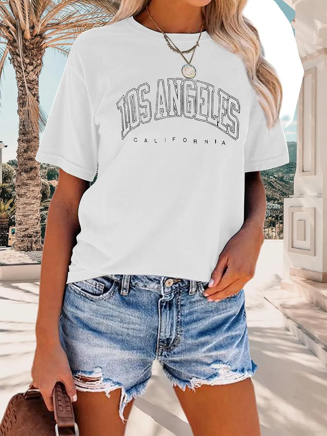 TAKEYAL Women Los Angeles Graphic T Shirts California Letter Print Short Sleeve Tee Loose Casual Tops