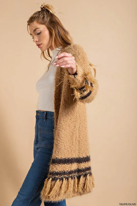 Taupe/Olive Soft Fuzzy Thread Boho Fringe Open Cardigan