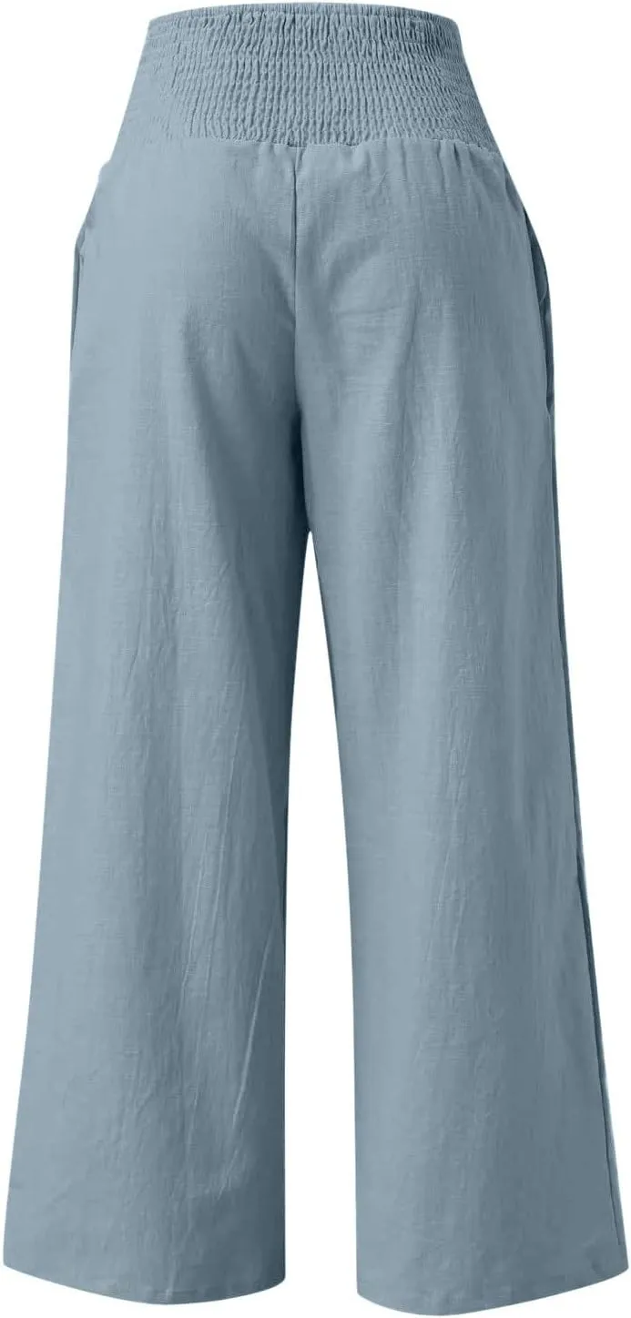 Wide Leg Pants for Women Summer Palazzos Cotton Linen Smocked Beach Vacation Pants High Waisted Elegant Flowy Trousers