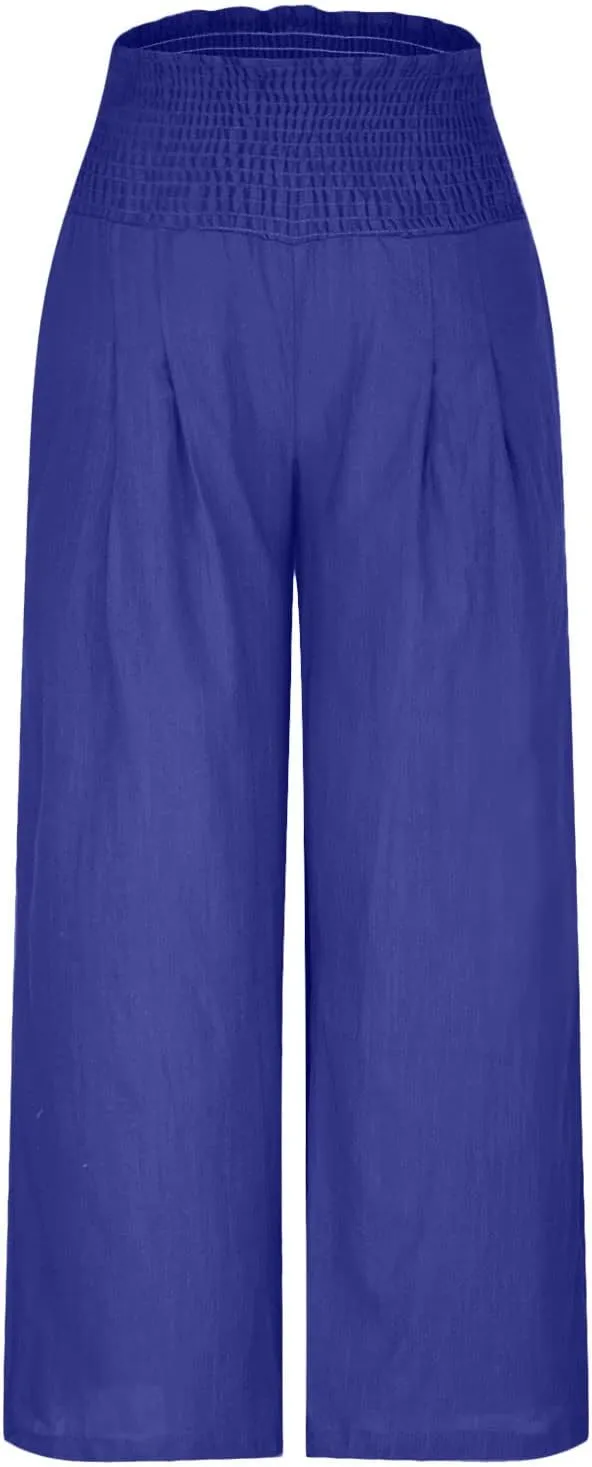 Wide Leg Pants for Women Summer Palazzos Cotton Linen Smocked Beach Vacation Pants High Waisted Elegant Flowy Trousers