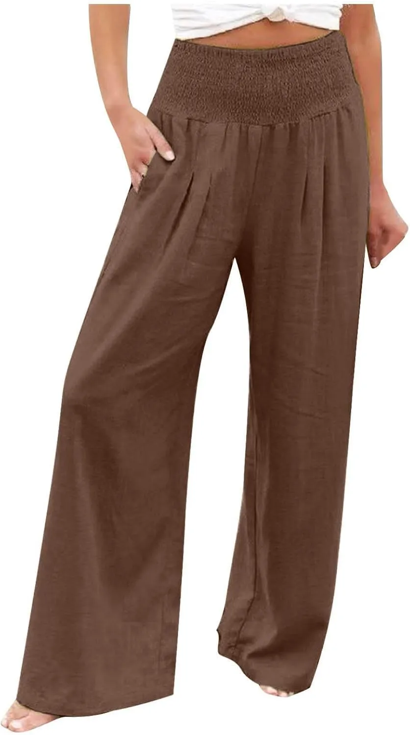 Wide Leg Pants for Women Summer Palazzos Cotton Linen Smocked Beach Vacation Pants High Waisted Elegant Flowy Trousers