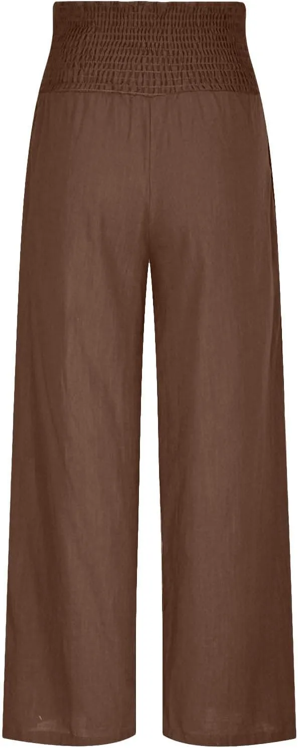 Wide Leg Pants for Women Summer Palazzos Cotton Linen Smocked Beach Vacation Pants High Waisted Elegant Flowy Trousers