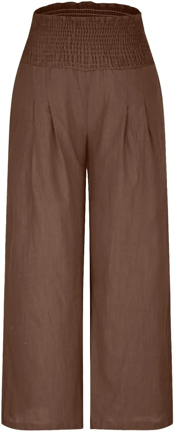 Wide Leg Pants for Women Summer Palazzos Cotton Linen Smocked Beach Vacation Pants High Waisted Elegant Flowy Trousers