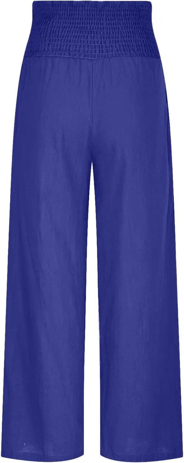 Wide Leg Pants for Women Summer Palazzos Cotton Linen Smocked Beach Vacation Pants High Waisted Elegant Flowy Trousers
