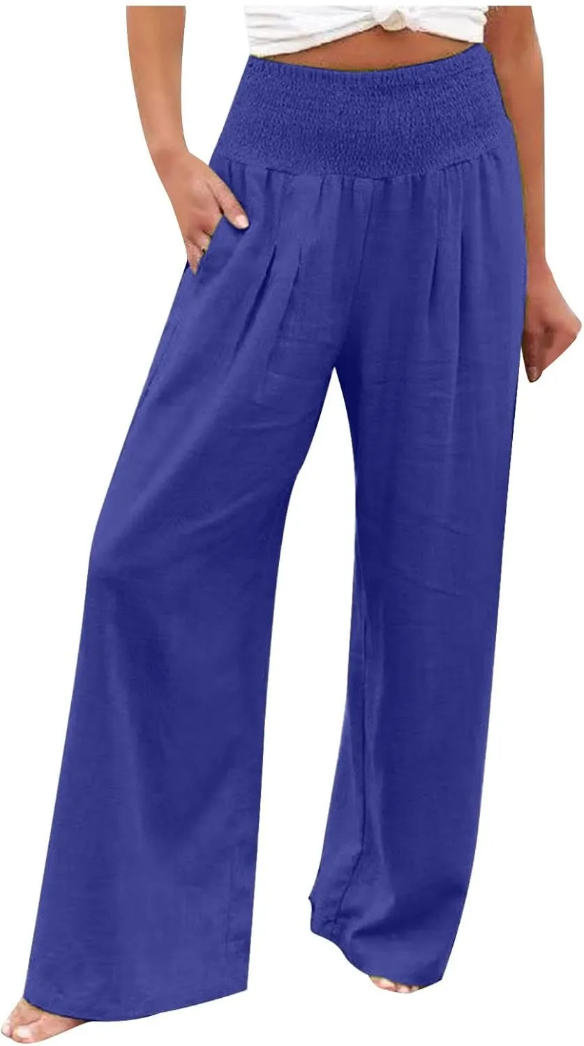 Wide Leg Pants for Women Summer Palazzos Cotton Linen Smocked Beach Vacation Pants High Waisted Elegant Flowy Trousers