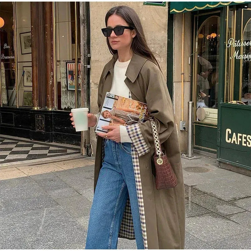 Women Solid Single Breasted Lapel Windbreaker Long Sleeve Plaid Lining Trench Coat 2024 New Autumn Chic High Street Overcoat