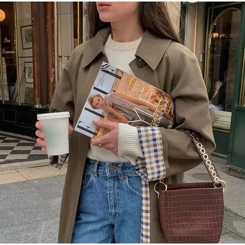 Women Solid Single Breasted Lapel Windbreaker Long Sleeve Plaid Lining Trench Coat 2024 New Autumn Chic High Street Overcoat