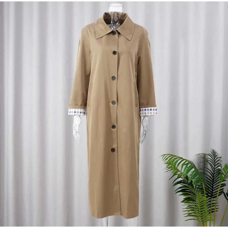 Women Solid Single Breasted Lapel Windbreaker Long Sleeve Plaid Lining Trench Coat 2024 New Autumn Chic High Street Overcoat