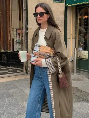Women Solid Single Breasted Lapel Windbreaker Long Sleeve Plaid Lining Trench Coat 2024 New Autumn Chic High Street Overcoat
