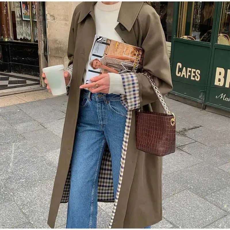 Women Solid Single Breasted Lapel Windbreaker Long Sleeve Plaid Lining Trench Coat 2024 New Autumn Chic High Street Overcoat