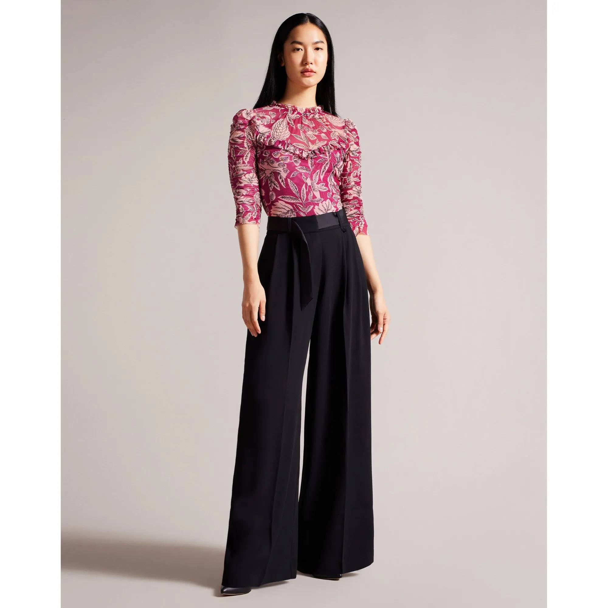 Women Wmb-Izabelo-Printed Mesh Top With Frills - Brt-Pink