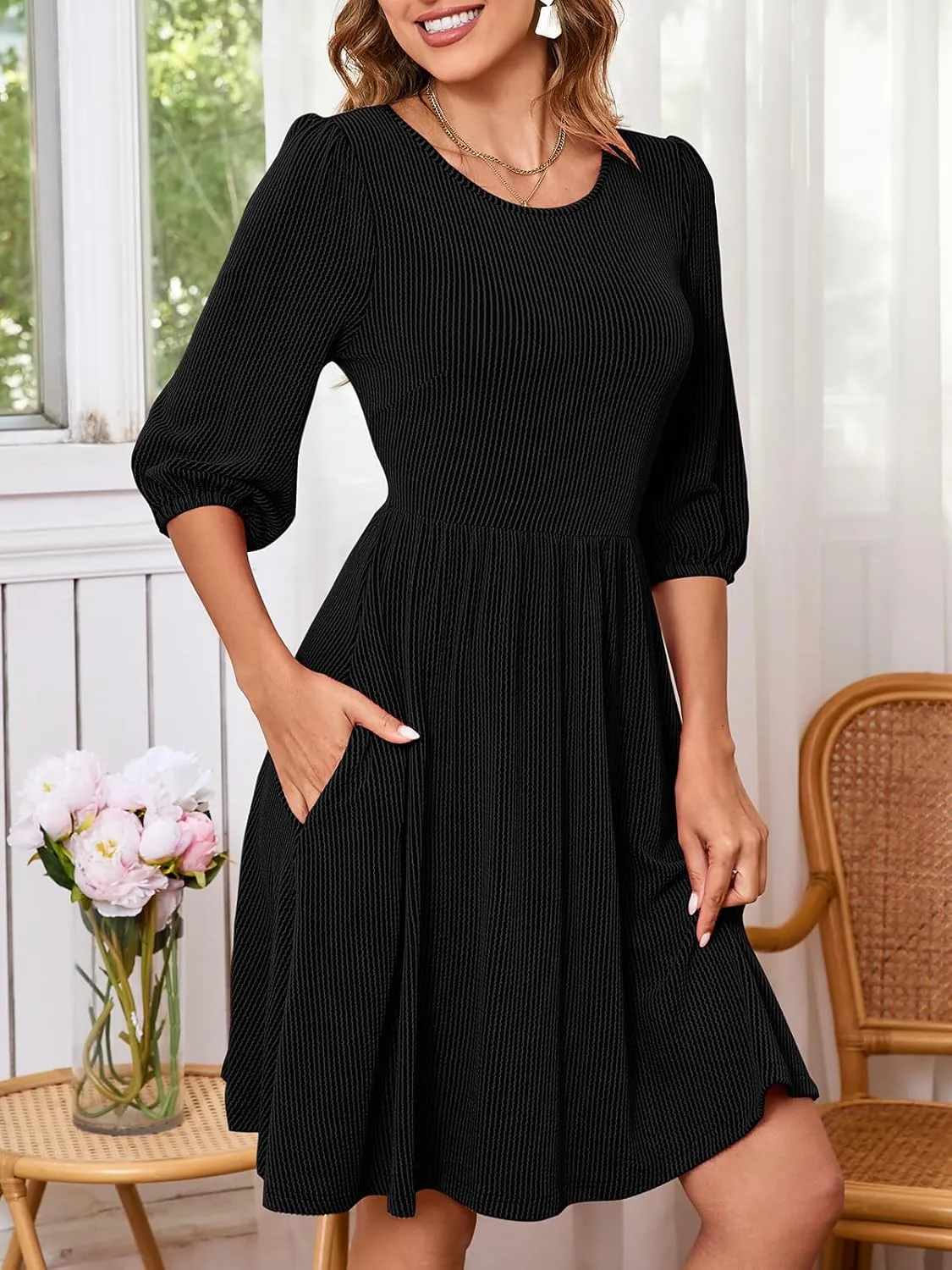 Women's Casual Sweater Dress Ribbed Knit Long Sleeve Crew Neck A-Line Knee Length Midi Dresses with Pockets
