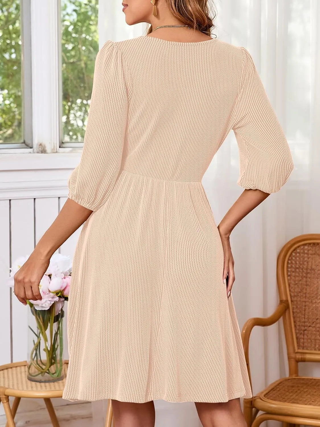 Women's Casual Sweater Dress Ribbed Knit Long Sleeve Crew Neck A-Line Knee Length Midi Dresses with Pockets