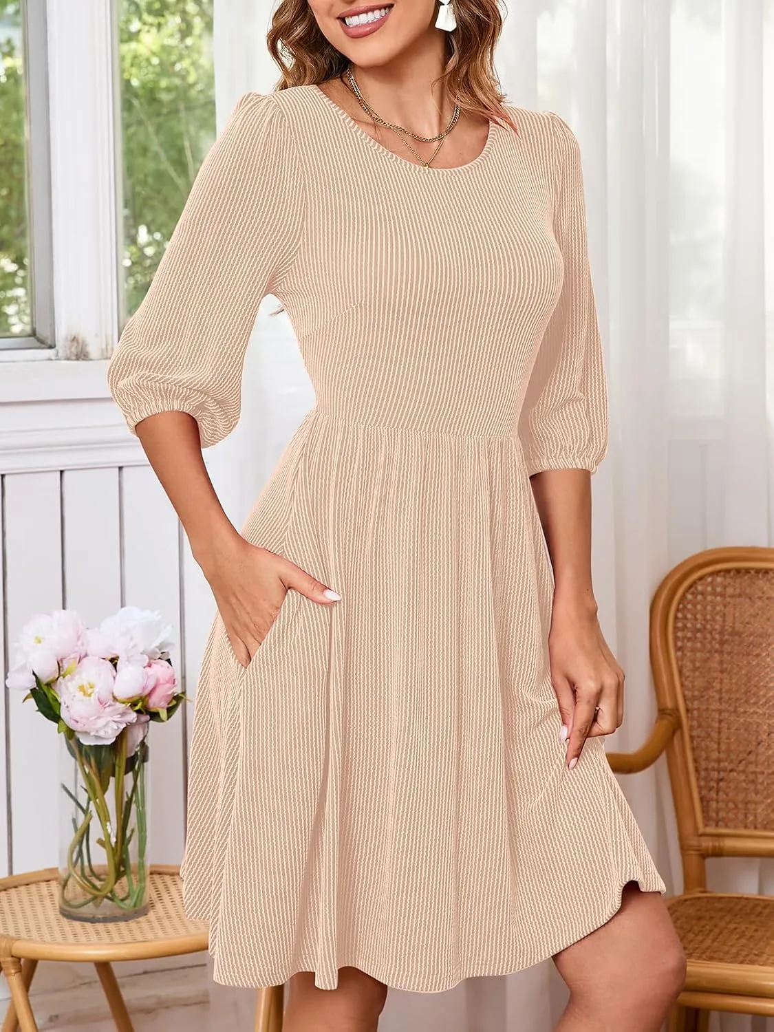 Women's Casual Sweater Dress Ribbed Knit Long Sleeve Crew Neck A-Line Knee Length Midi Dresses with Pockets