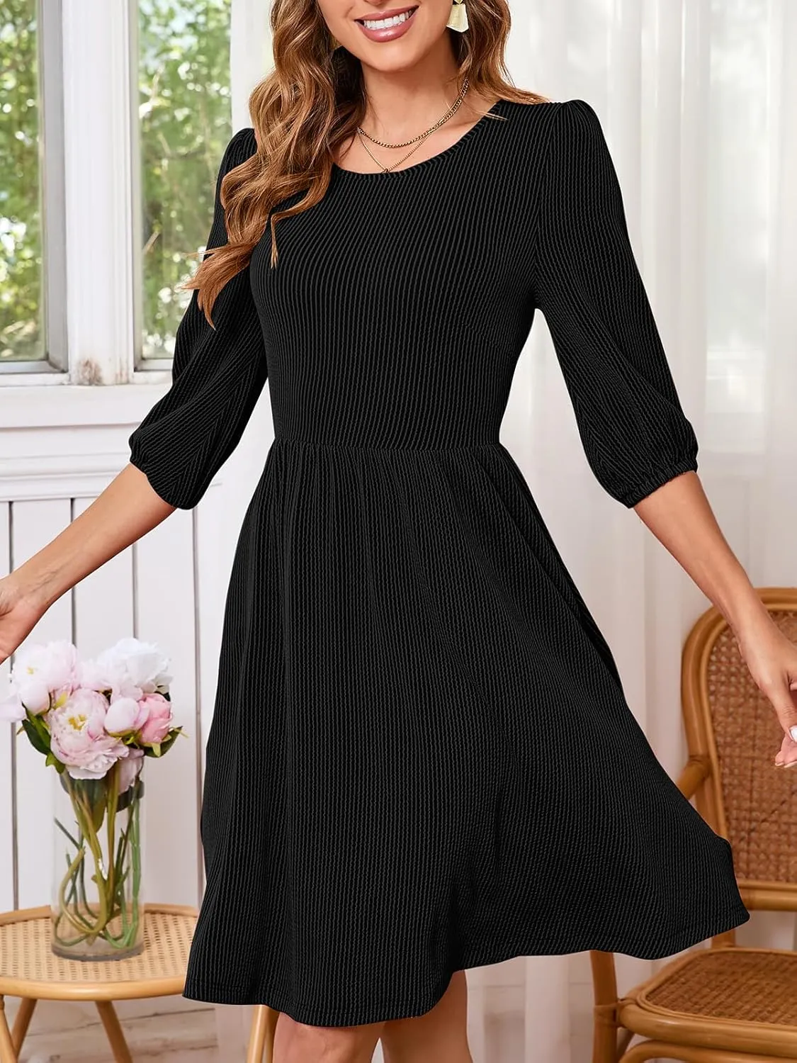 Women's Casual Sweater Dress Ribbed Knit Long Sleeve Crew Neck A-Line Knee Length Midi Dresses with Pockets