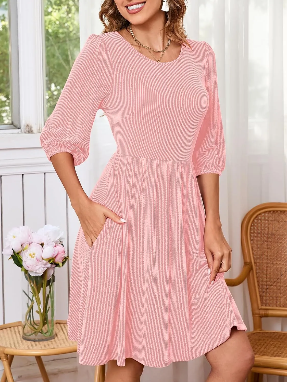 Women's Casual Sweater Dress Ribbed Knit Long Sleeve Crew Neck A-Line Knee Length Midi Dresses with Pockets