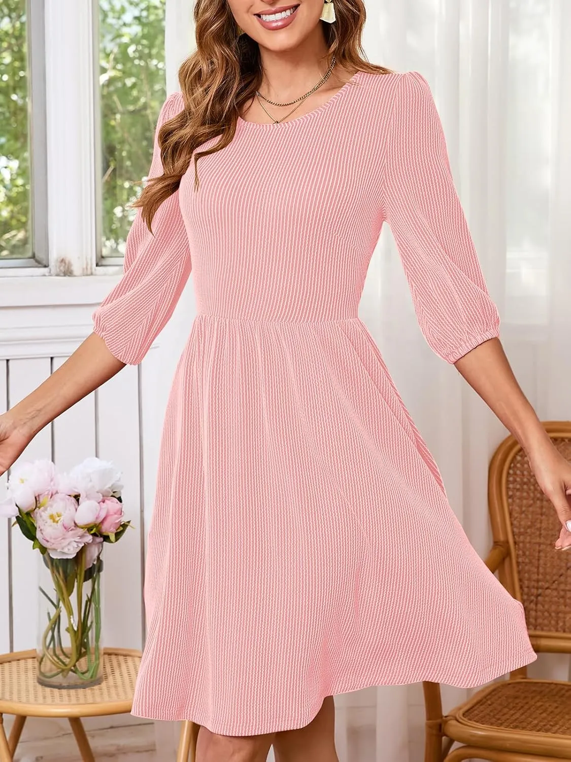 Women's Casual Sweater Dress Ribbed Knit Long Sleeve Crew Neck A-Line Knee Length Midi Dresses with Pockets