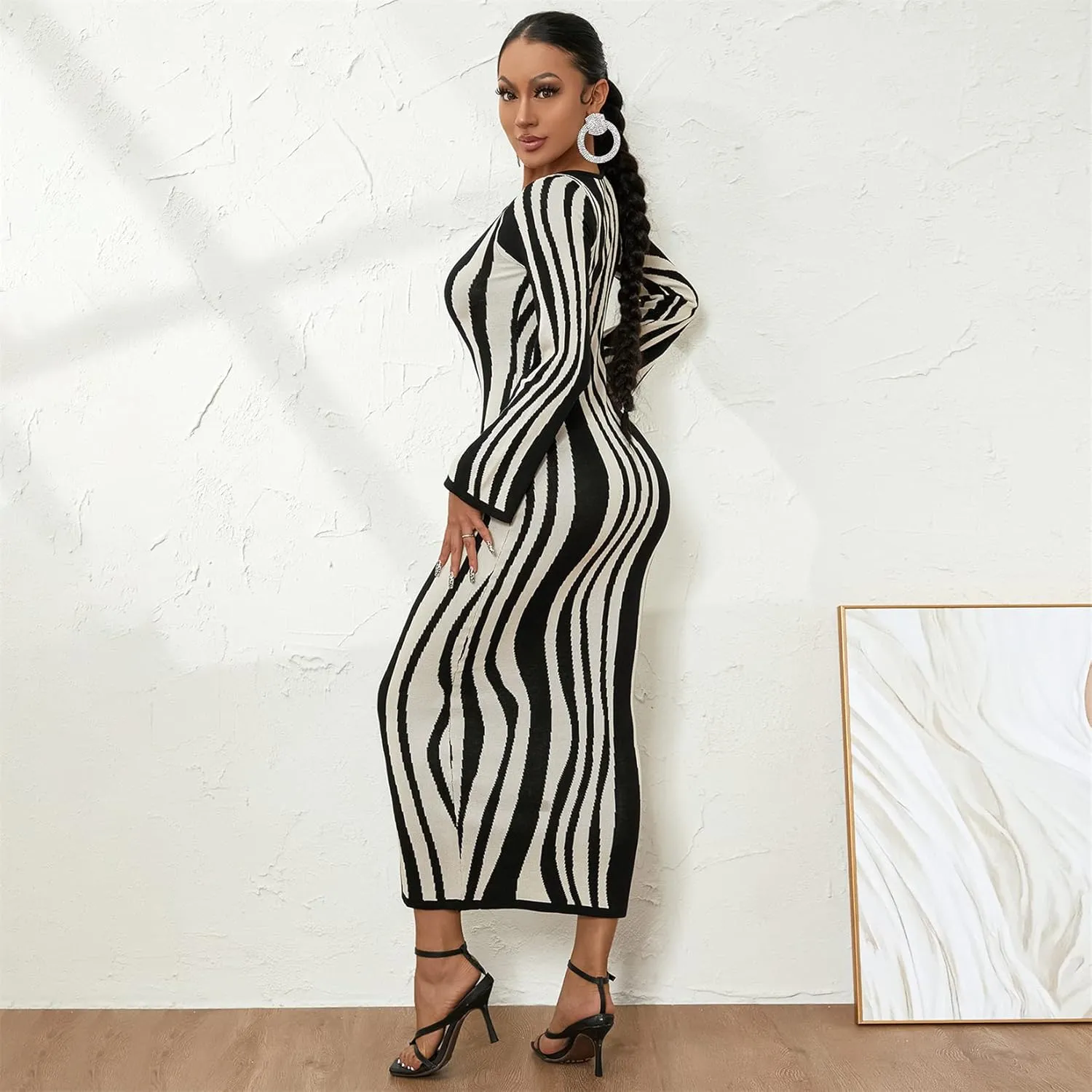 Women's Casual Wave Pattern Knit Dress Elegant Cutout Long Sleeve Bodycon Maxi Dress Crew Neck Sweater Party Dress