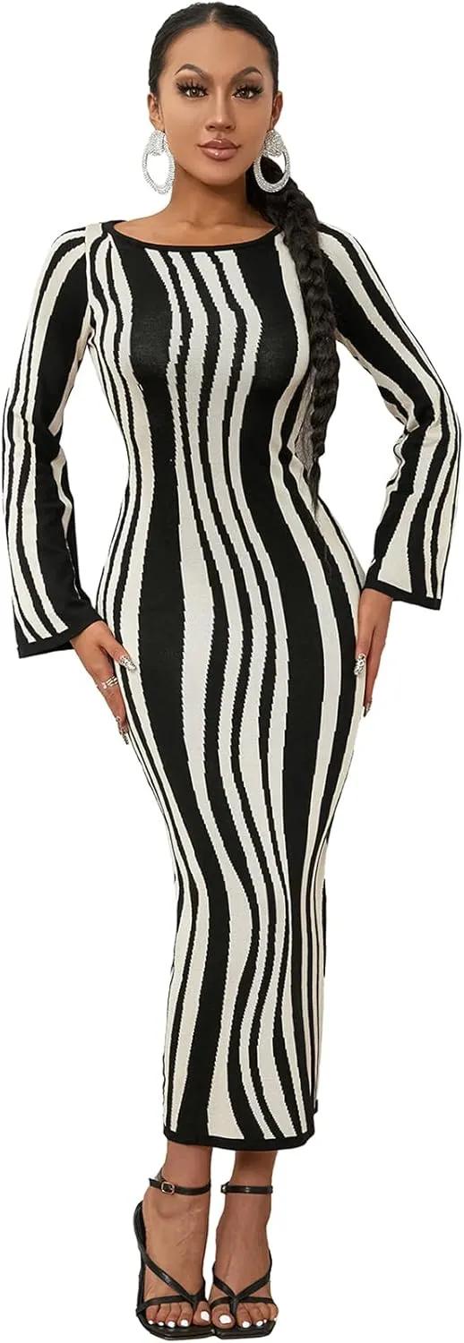 Women's Casual Wave Pattern Knit Dress Elegant Cutout Long Sleeve Bodycon Maxi Dress Crew Neck Sweater Party Dress