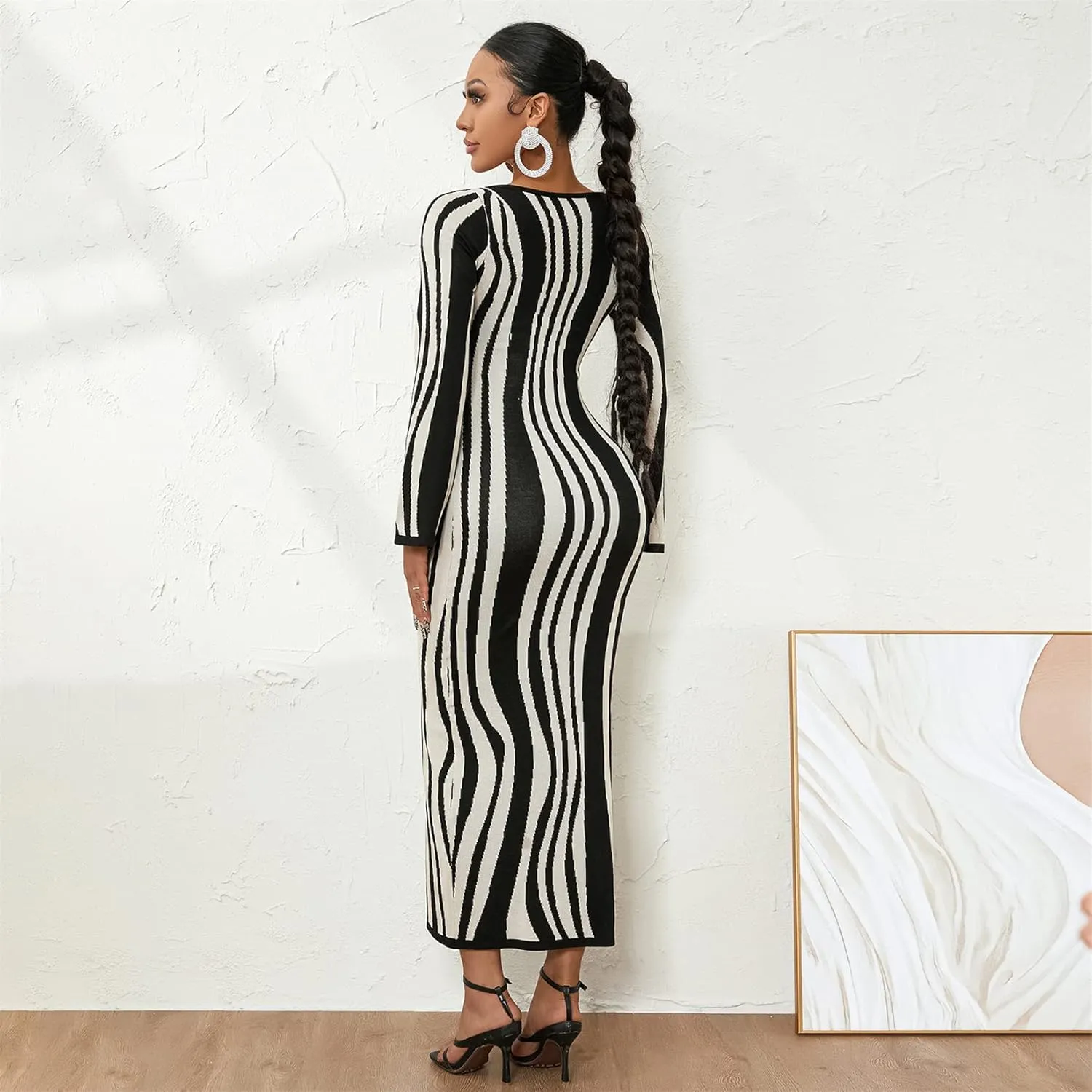 Women's Casual Wave Pattern Knit Dress Elegant Cutout Long Sleeve Bodycon Maxi Dress Crew Neck Sweater Party Dress