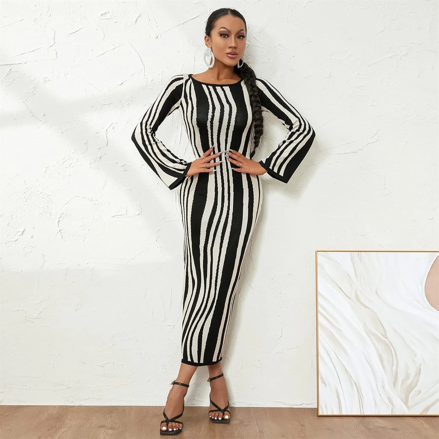 Women's Casual Wave Pattern Knit Dress Elegant Cutout Long Sleeve Bodycon Maxi Dress Crew Neck Sweater Party Dress