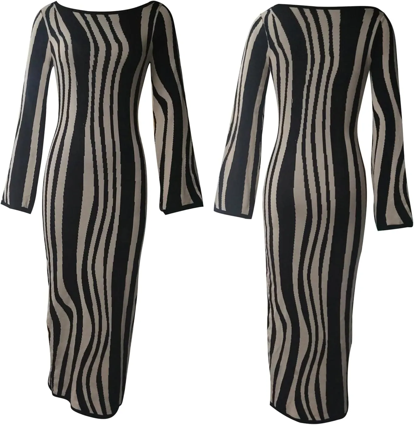 Women's Casual Wave Pattern Knit Dress Elegant Cutout Long Sleeve Bodycon Maxi Dress Crew Neck Sweater Party Dress