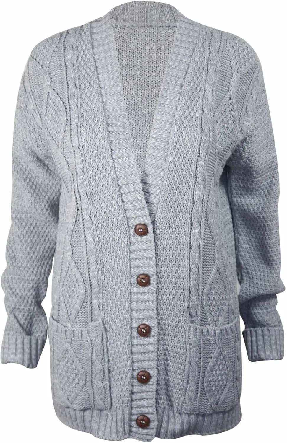 Womens Ladies Cable Chunky Knitted 5 Button Long Sleeves Grandad Cardigans S/M (US 4-6) Light Grey