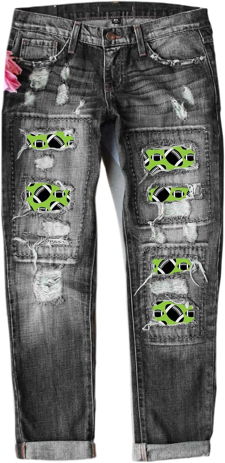 Womens Plaid Patch Raw Finish Football Print Straight Leg Denim Pants S-5XL