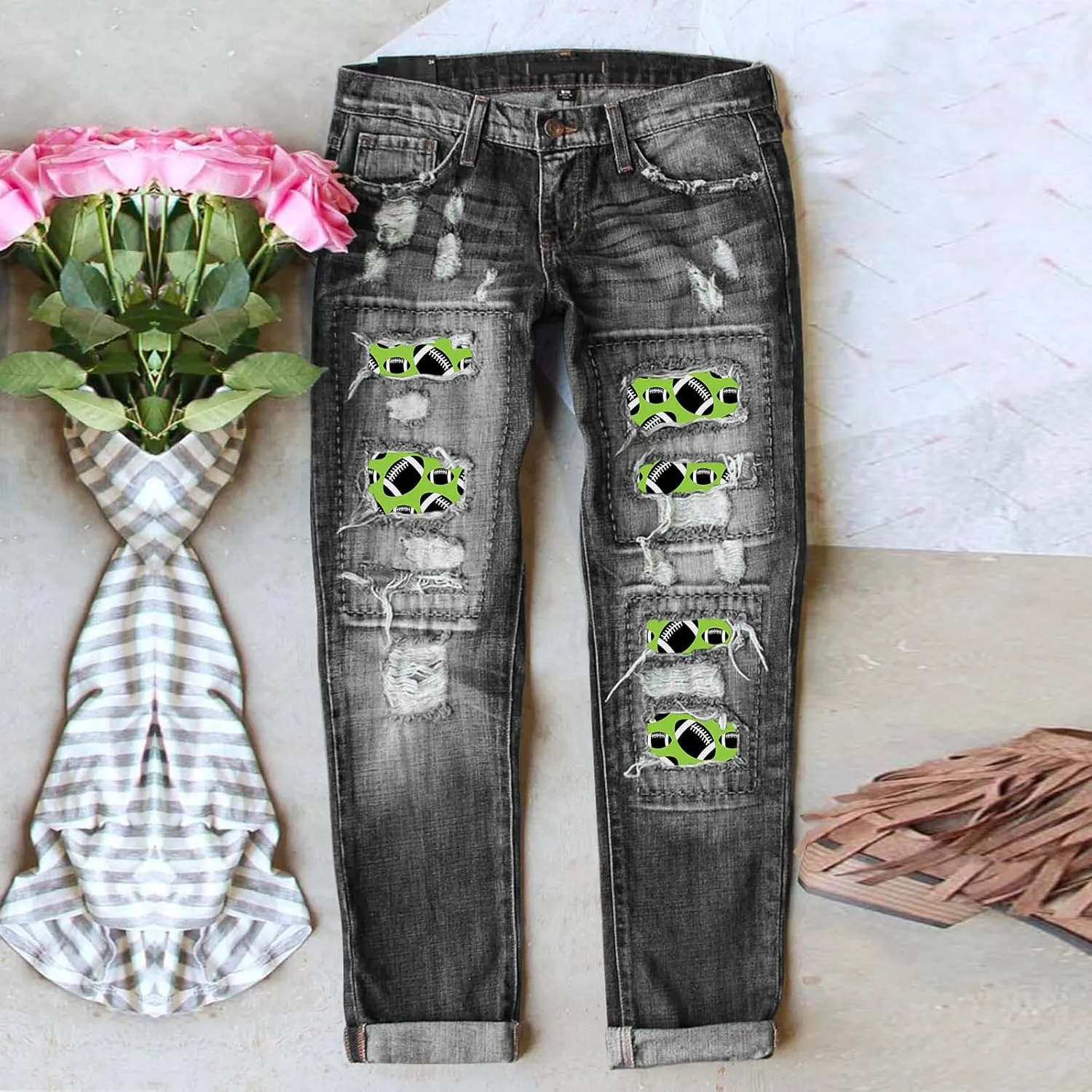 Womens Plaid Patch Raw Finish Football Print Straight Leg Denim Pants S-5XL