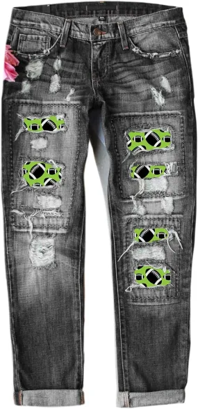 Womens Plaid Patch Raw Finish Football Print Straight Leg Denim Pants S-5XL